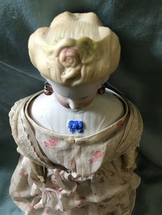 1870 ' s Parian Doll with Molded Blouse and Bow,  Molded Rose and Petals on Head 12