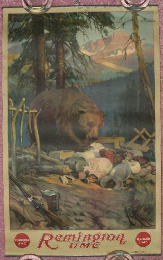 1919 Remington Umc Ammunition Advertising Poster (grizzlybear Destroying Camp)