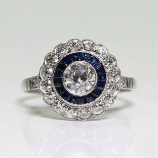 Vintage Style Wedding Ring 14k White Gold Sapphire Bezel Set 2.  1ct Round Diamond