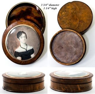 Antique French Portrait Snuff Box,  Burled Casket,  Napoleon Era Woman ' s Miniature 3