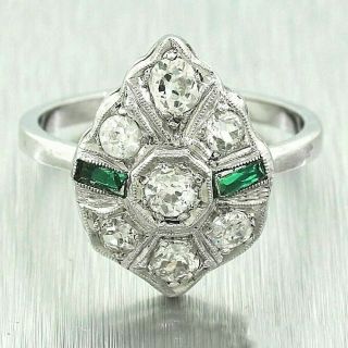 1930s Antique Art Deco Platinum 1.  00ctw Diamond & Emerald Cocktail Ring