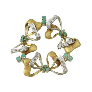 Vintage Italian 18k Gold Emerald And Diamond Brooch