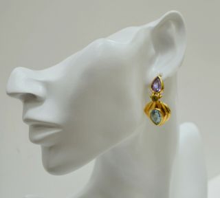 14k Gold Vintage Heart Drop Earrings 8ct Gemstones