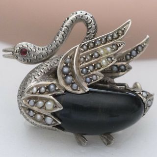 Antique Victorian Silver Seed Pearl Swan Bird Ruby Jelly Belly Brooch Pin