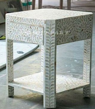 Handmade Antique Mother Of Pearl White Solid Wood Nightstand Bedside Table