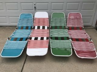4 Vintage Folding Lawn Lounge Chairs Beach Deck Pool Vinyl Tube Plastic Aluminum