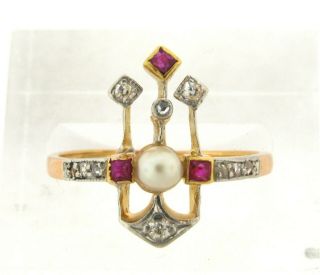 Antique Victorian Pearl Ruby Diamond Crown Design 18k Yellow Gold Ring