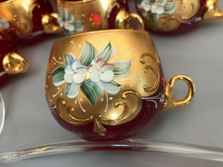 VTG Bohemian Art Glass Cranberry Punch Set Bowl &10 Cups Gold,  Enamel Flowers 10