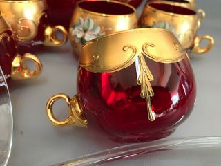VTG Bohemian Art Glass Cranberry Punch Set Bowl &10 Cups Gold,  Enamel Flowers 11