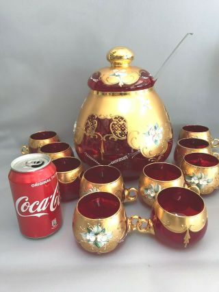 VTG Bohemian Art Glass Cranberry Punch Set Bowl &10 Cups Gold,  Enamel Flowers 12