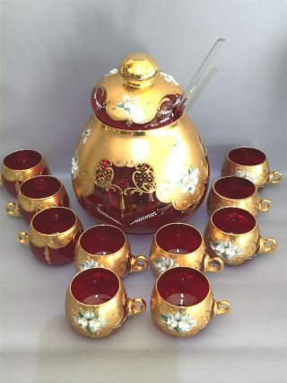 Vtg Bohemian Art Glass Cranberry Punch Set Bowl &10 Cups Gold,  Enamel Flowers