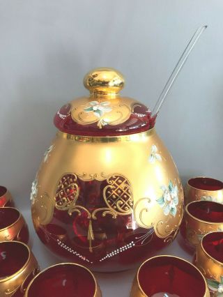 VTG Bohemian Art Glass Cranberry Punch Set Bowl &10 Cups Gold,  Enamel Flowers 2