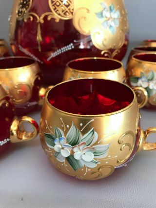 VTG Bohemian Art Glass Cranberry Punch Set Bowl &10 Cups Gold,  Enamel Flowers 3
