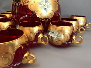VTG Bohemian Art Glass Cranberry Punch Set Bowl &10 Cups Gold,  Enamel Flowers 4