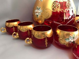 VTG Bohemian Art Glass Cranberry Punch Set Bowl &10 Cups Gold,  Enamel Flowers 5