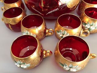 VTG Bohemian Art Glass Cranberry Punch Set Bowl &10 Cups Gold,  Enamel Flowers 6