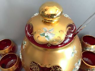 VTG Bohemian Art Glass Cranberry Punch Set Bowl &10 Cups Gold,  Enamel Flowers 7