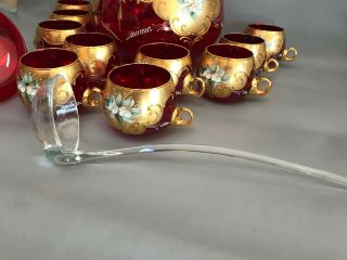 VTG Bohemian Art Glass Cranberry Punch Set Bowl &10 Cups Gold,  Enamel Flowers 8