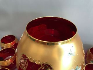 VTG Bohemian Art Glass Cranberry Punch Set Bowl &10 Cups Gold,  Enamel Flowers 9