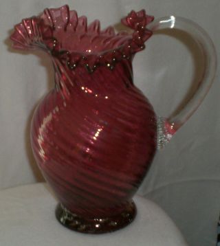 Vintage Art Glass Cranberry Swirl Optic Large Pitcher