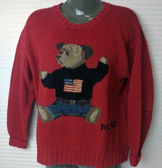 Vintage Polo Ralph Lauren Country Red Sit Down Bear Sweater 92 Large Womens