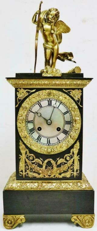 Antique French Empire Classic 8 Day 2 Tone Bronze & Ormolu Figural Mantel Clock