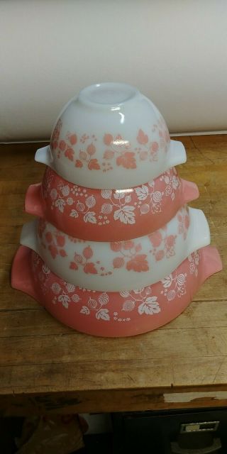 Pyrex Vtg Pink Gooseberry Cinderella Mixing Bowls 441 442 443 444 Complete Set - 4