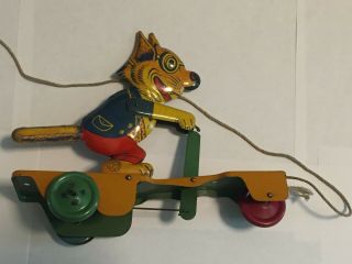 Antique Rare Vintage Tin Litho Cat Pull Toy J Chein & Co Usa A Beauty