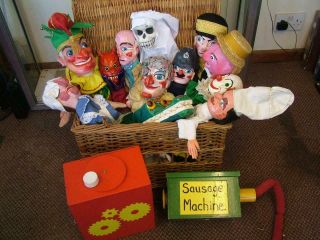 Vintage Punch & Judy Street Theatre,  Mostly Wooden Heads.  12 Characters,  More