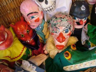 Vintage Punch & Judy Street Theatre,  Mostly Wooden Heads.  12 Characters,  More 3