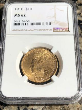 Vtg 1910 $10 American Gold Eagle Indian Head Ms62 Pcgs Rare Date Lustrous Coin