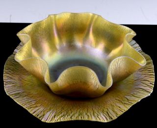 Stunnng Signed L C Tiffany Favrille Gold Aurene Stretched Art Glass Bowl & Plate
