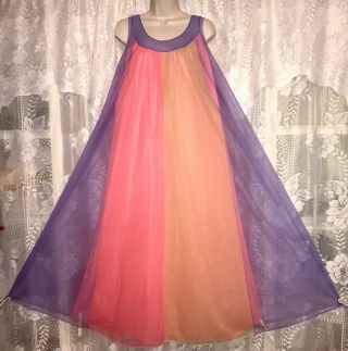 Vtg Nwt Purple Rainbow Sheer Chiffon Over Coral Nylon Nightgown Gown M L,