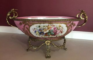 Rare Antique Sevres Pink Porcelain Bowl Centerpiece With Bronze Attachment