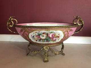 Rare Antique Sevres Pink Porcelain Bowl Centerpiece with Bronze Attachment 3