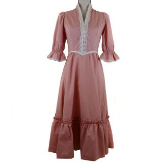 Gunne Sax Womens Dress Sz 7 Pink Prairie Victorian Midi 3/4 Sleeves Vintage 70s 2