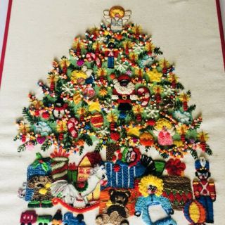 Vintage Colorful Christmas Tree Finished Completed Framed Cross Stitch 16x25