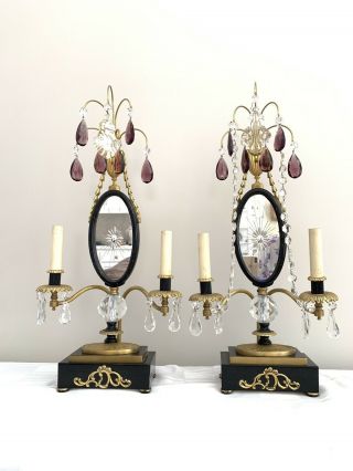 Pair Antique French Bronze Amethyst Crystal Mirror Girandole Lamp Candelabra