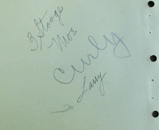 Vtg 40s Autograph Signatures 3 Stooges Moe Curly Larry/ventriloquist Evans Verso