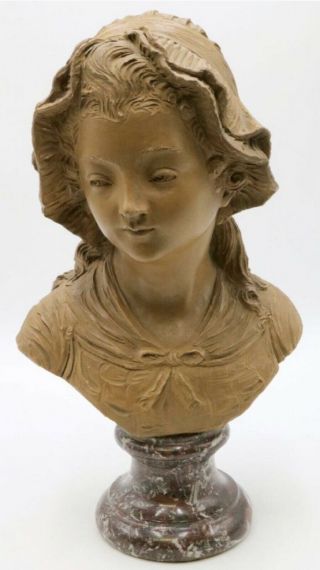 Antique Late 18th Century French Terracotta Bust Of Girl On A Marble Pedestal