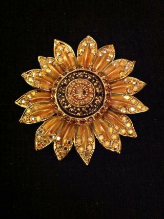 Vintage St John Gold Tone Aurora Borealis Rhinestone Flower Pin Brooch