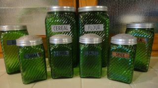 8 Vtg.  Illinois Glass Emerald Green Hooiser Canisters/jars Aluminum Lids Pretty
