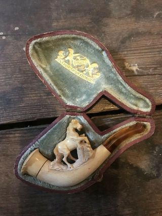 Vintage Antique Meerschaum Pipe Carved Horse In Fitted Case Smoke Pony