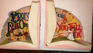 Nib Mary Engelbreit Vintage Ceramic Bookends Rare " Books Fall Open You Fall In "