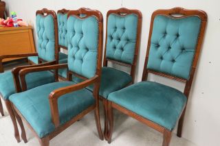 6 Vintage English Wood And Blue Tufted Velvet Dining Chairs