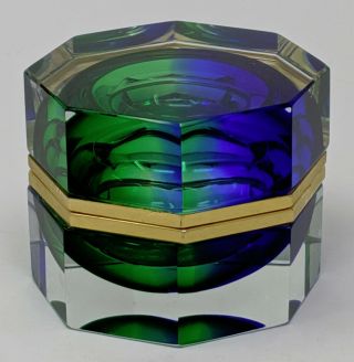 Vtg.  Murano Glass Mandruzzato Octagonal Box Green Blue Color Gradient,  Gilt Trim
