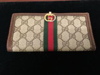 Authentic Vintage Gucci Checkbook Wallet Coin Purse Brown Leather Gg Logo