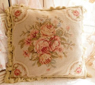 16 " Shabby Chic Victorian Hand Crafted Vintage Rose Needlepoint Pillow Cushion