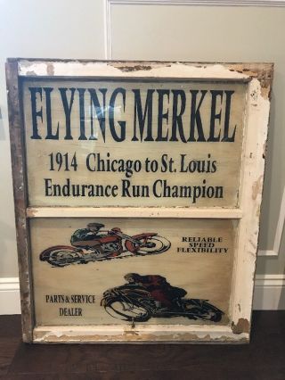 Vintage 1930’s Motorcycle Painted Sign.  Flying Merkel.