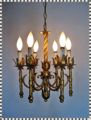 Vintage Mid Century Hollywood Regency 6 Light Gilt Chandelier Hanging Swag Lamp